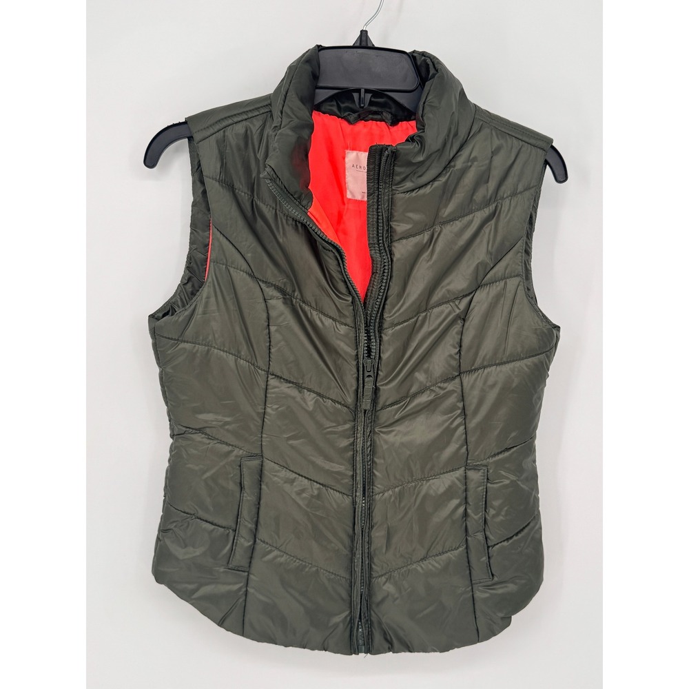 Aeropostale Puffer Vest Womens Small Olive Green Quilted Chevron Zip Up Outdoor